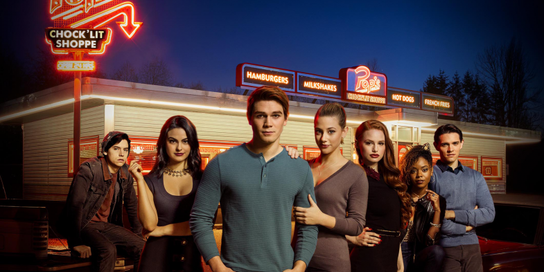 Above is  photo of all of the main characters. From left to right Jughead, Veronica, Archie, Betty, Cheryl, Josie and Kevin. Riverdale Season 2 premieres October 11. Photo from Warnerbros.com.